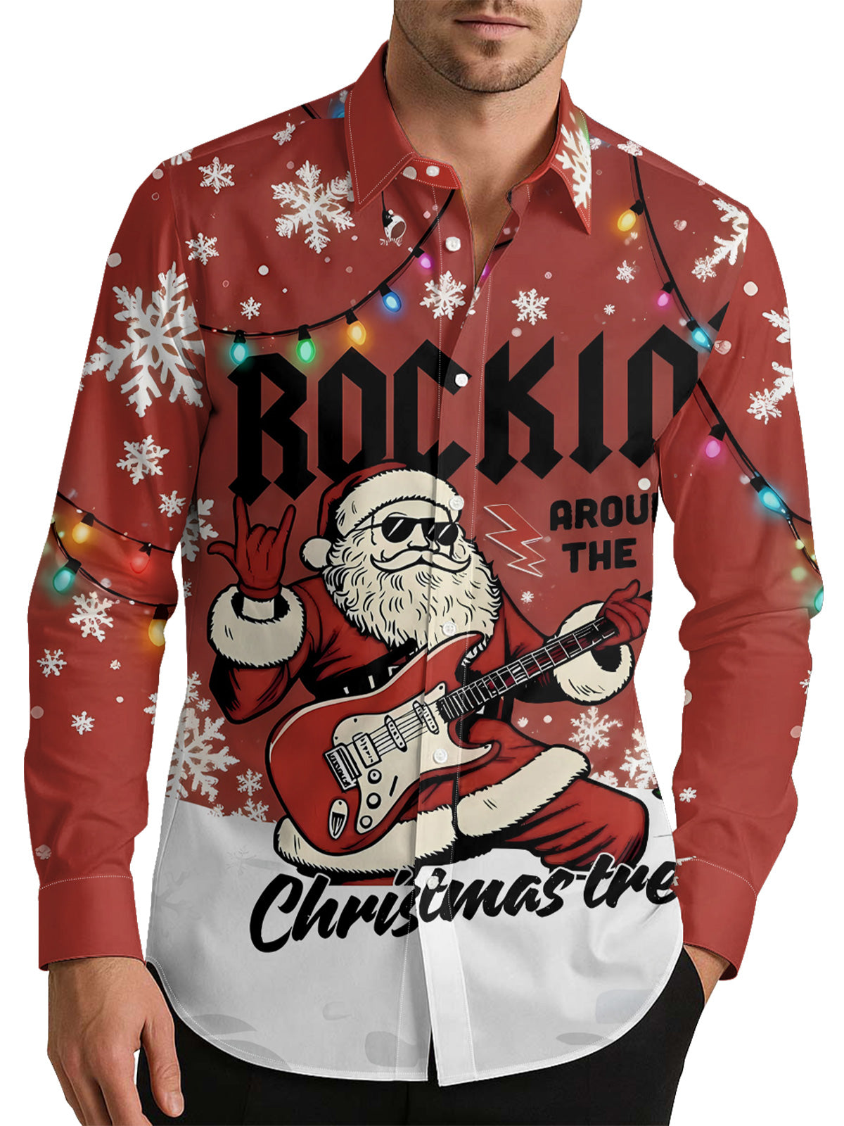 Rockin' Santa Claus Electric Guitar Men's Shirt Long Sleeve Button Up Shirt