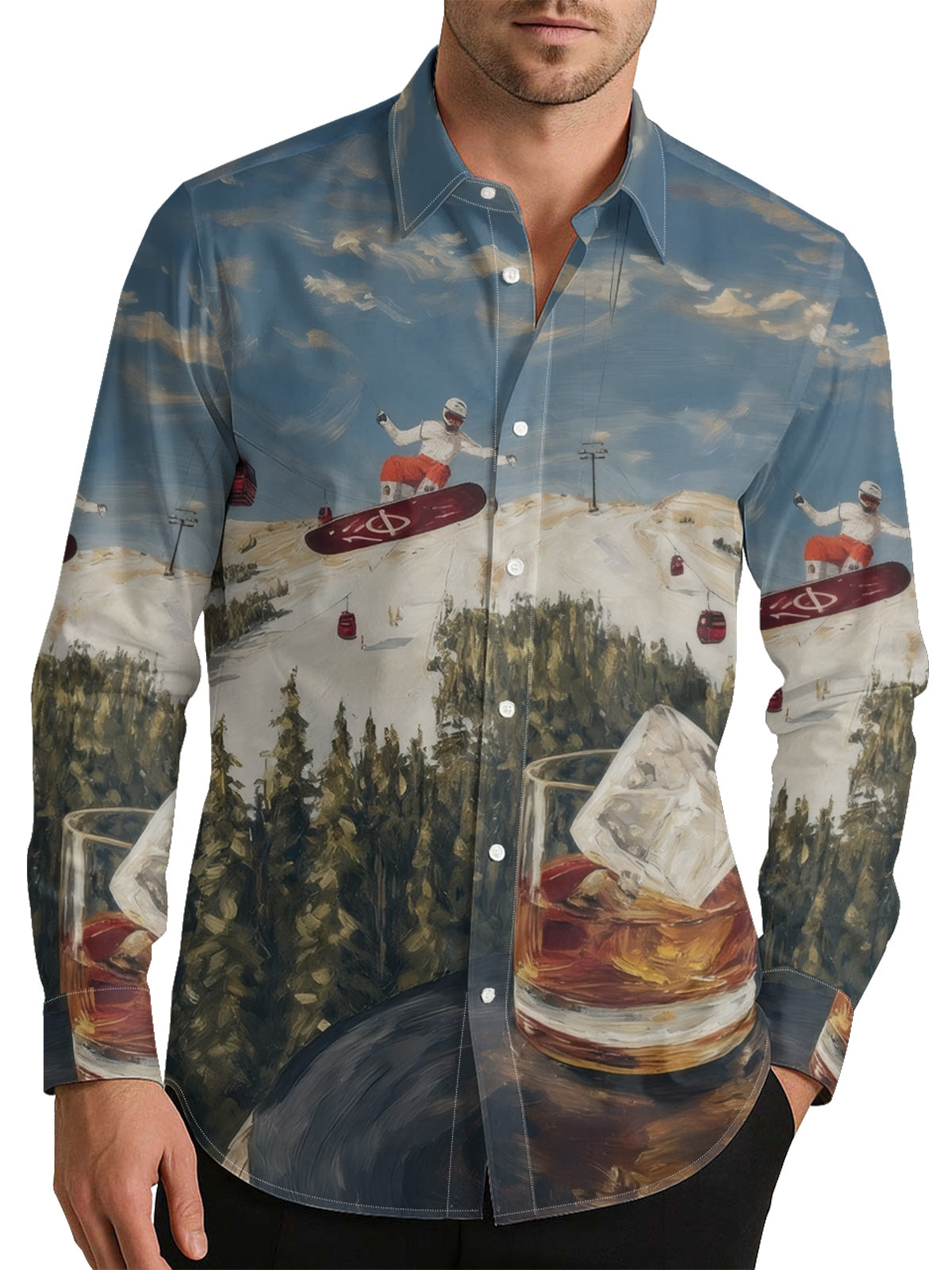 Whiskey After Apres Skiing Men's Shirt Long Sleeve Button Up Shirt