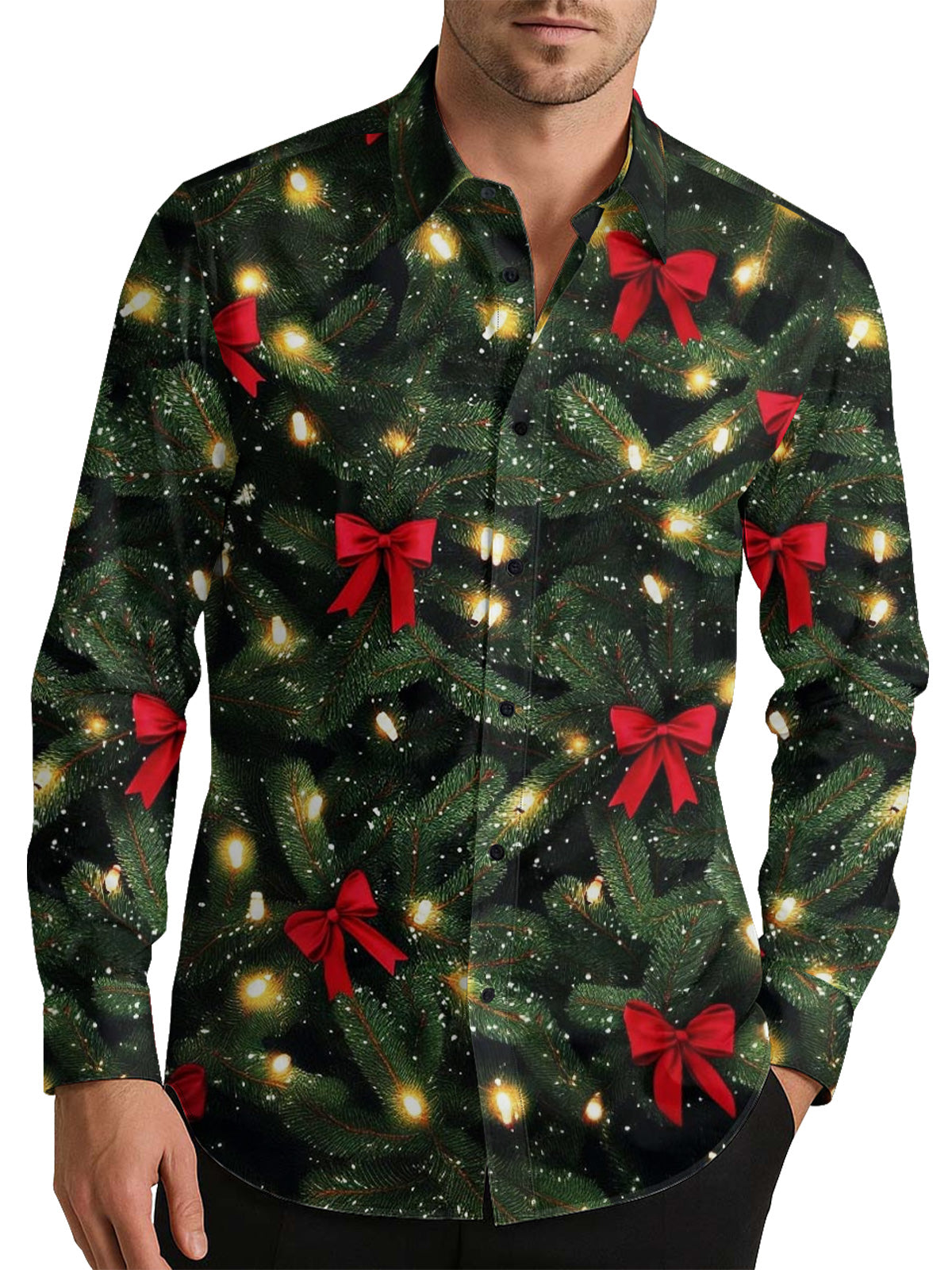 Christmas Tree Print Men's Shirt Long Sleeve Button Up Shirt