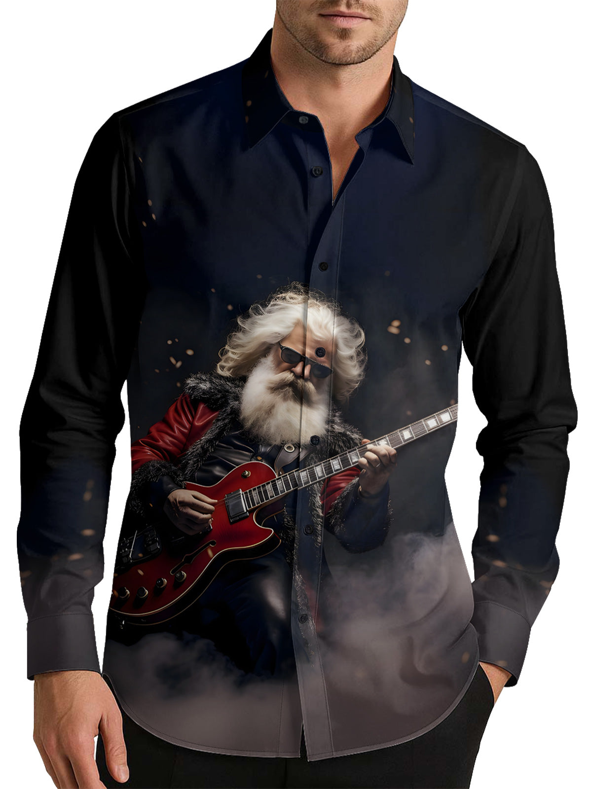 Rock Santa Claus Playing Guitar Men's Shirt Long Sleeve Button Up Shirt