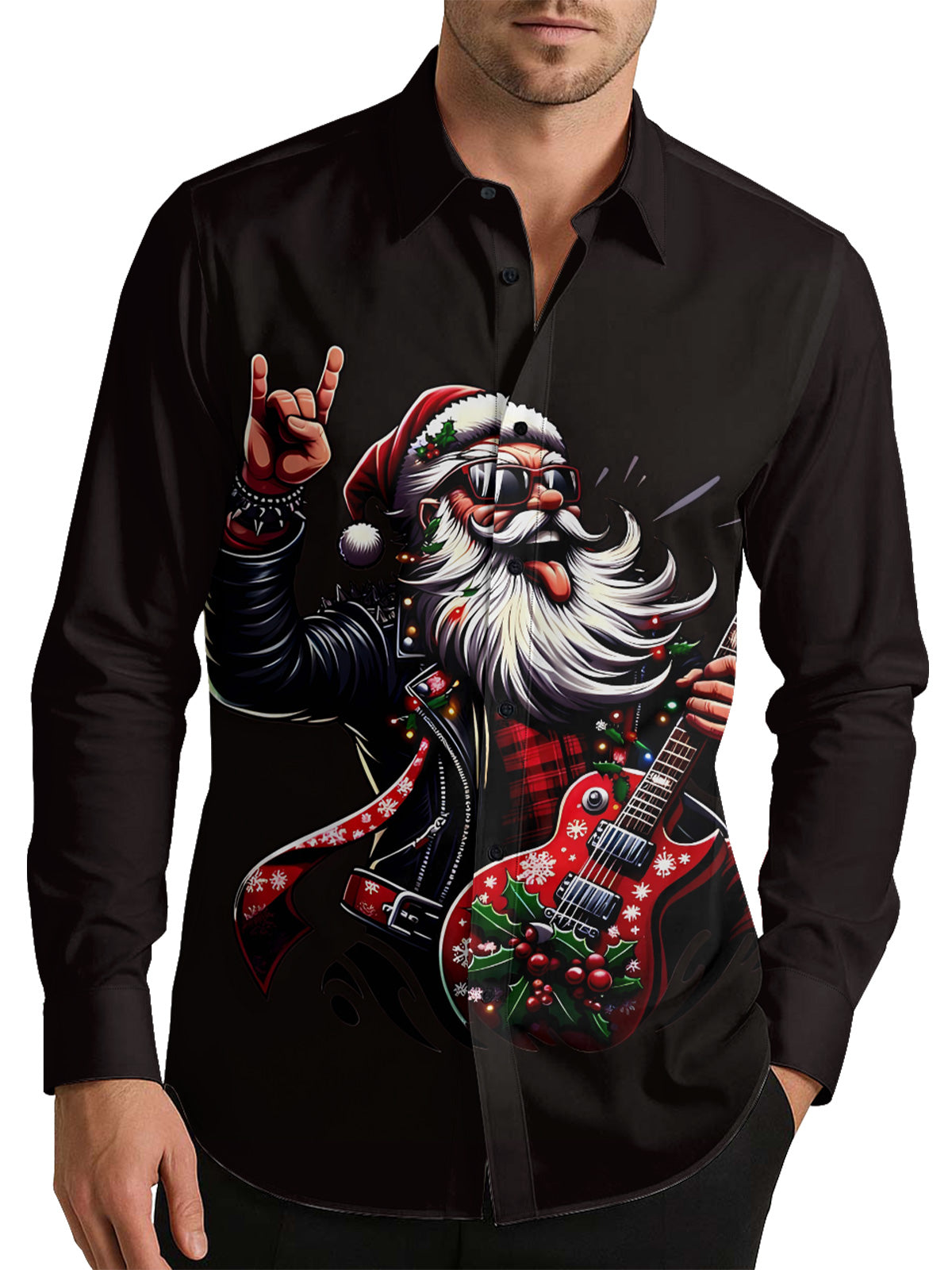Christmas Guitar Santa Art Men's Shirt Long Sleeve Button Up Shirt