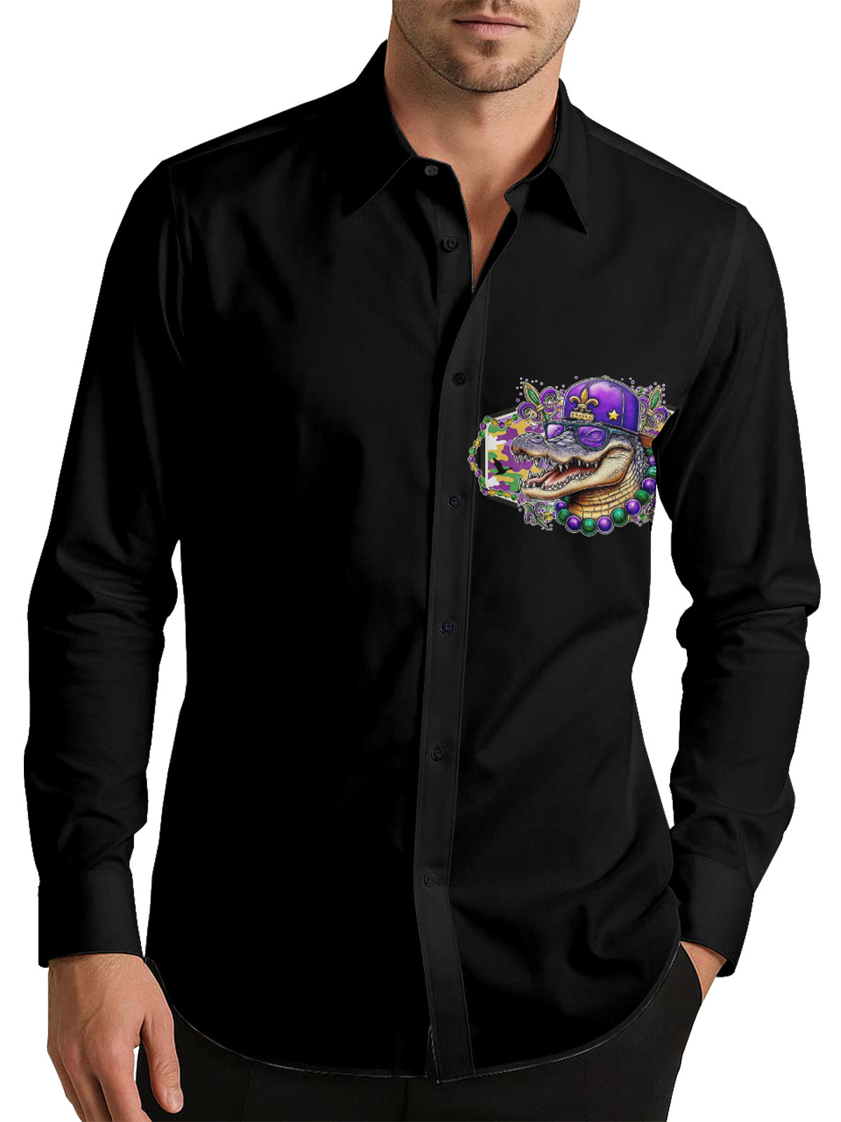 Mardi Gras Alligator and Deer Men's Shirt Long Sleeve Button Up Shirt