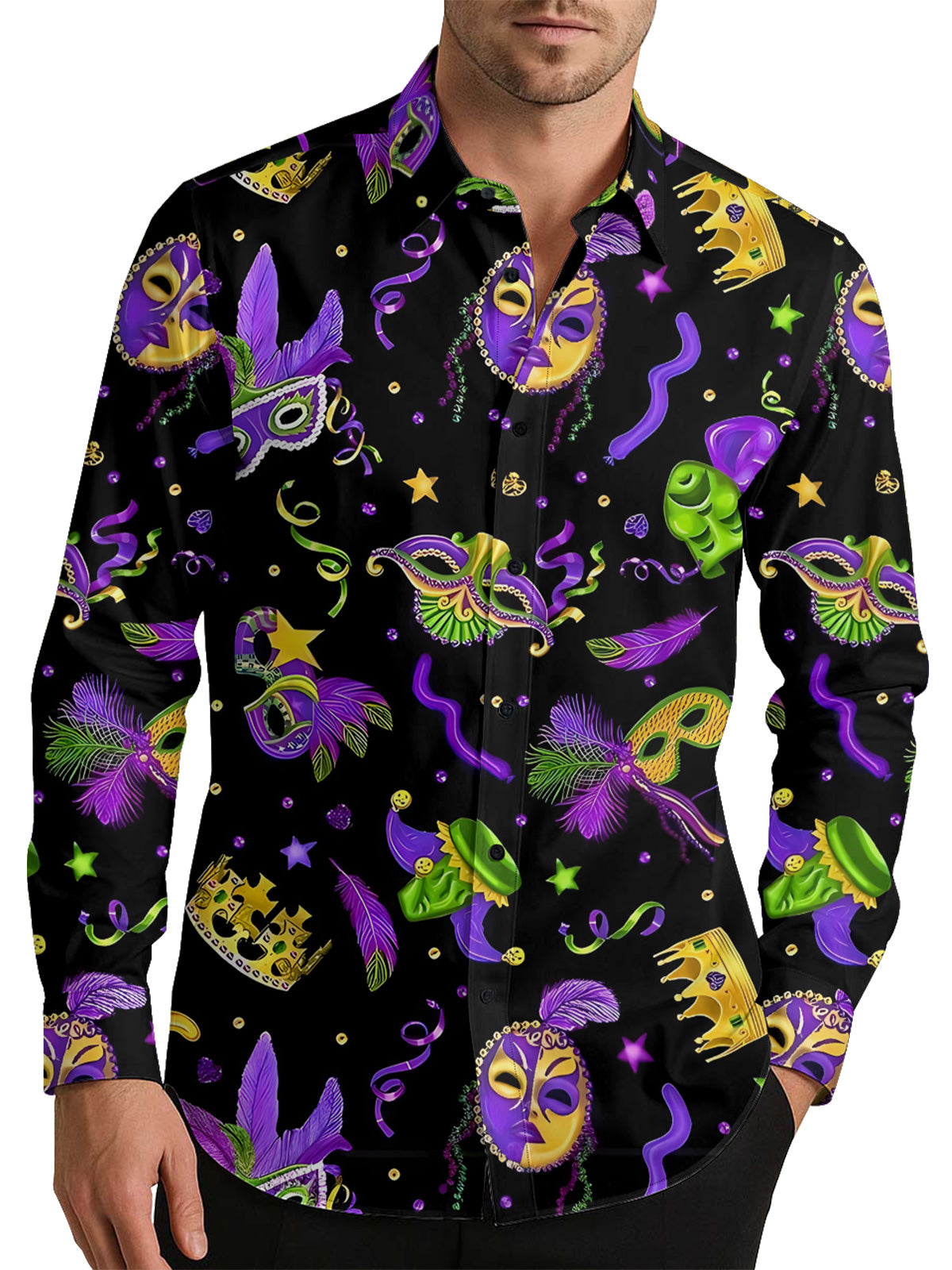Midnight Mardi Gras Masquerade Men's Shirt Long Sleeve Button Up Shirt
