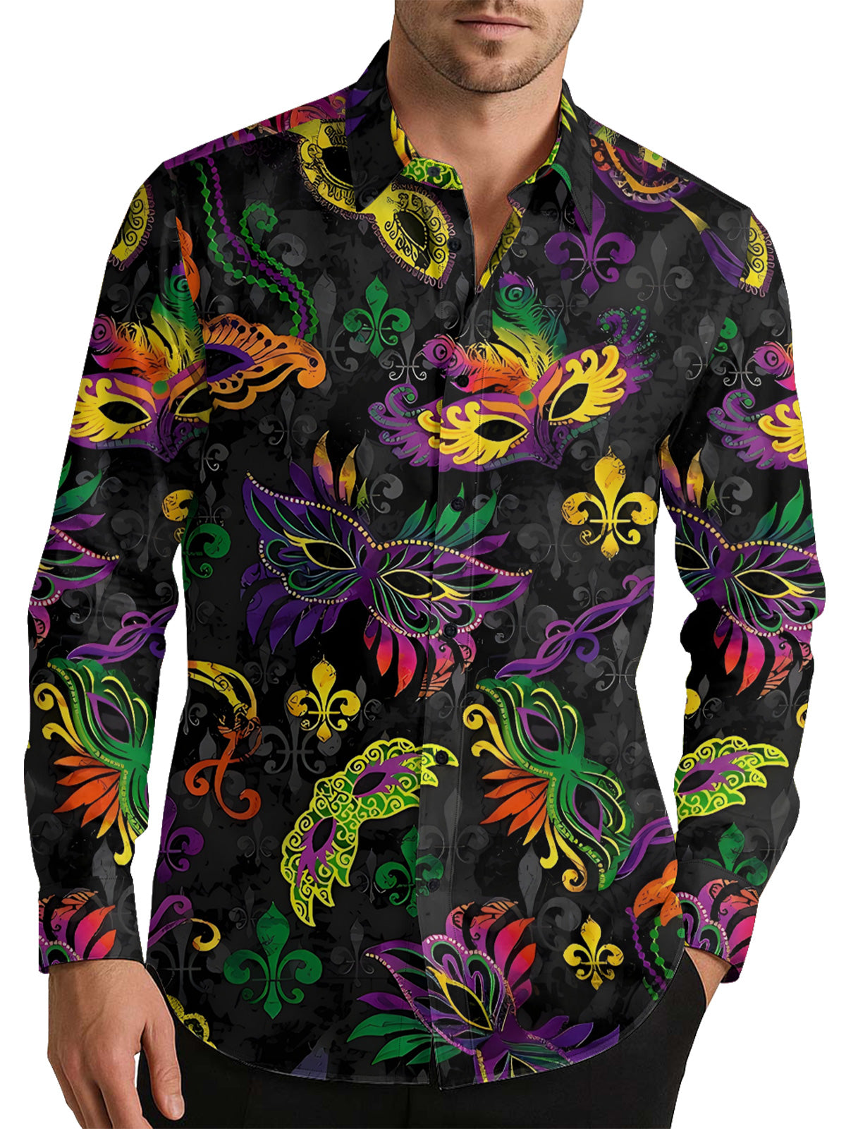 Mardi Gras Grand Gala Mask Men's Shirt Long Sleeve Button Up Shirt