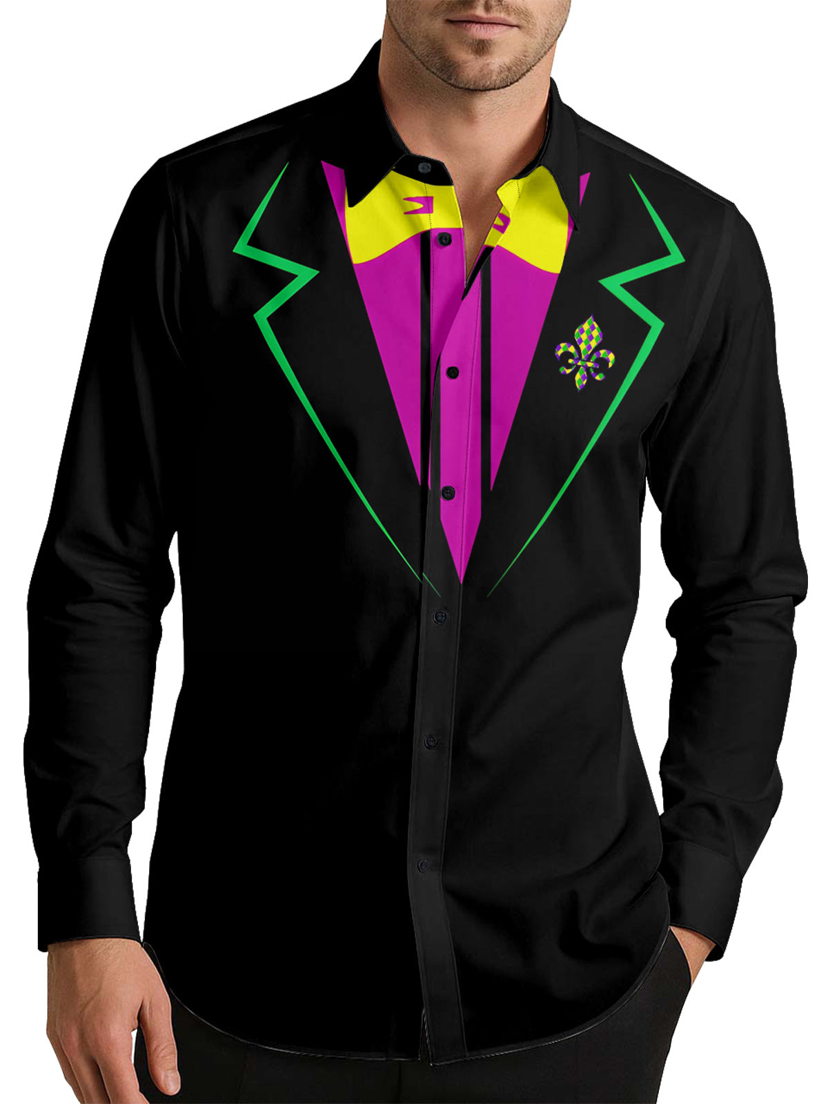 Mardi Gras Necktie Print Men's Shirt Long Sleeve Button Up Shirt