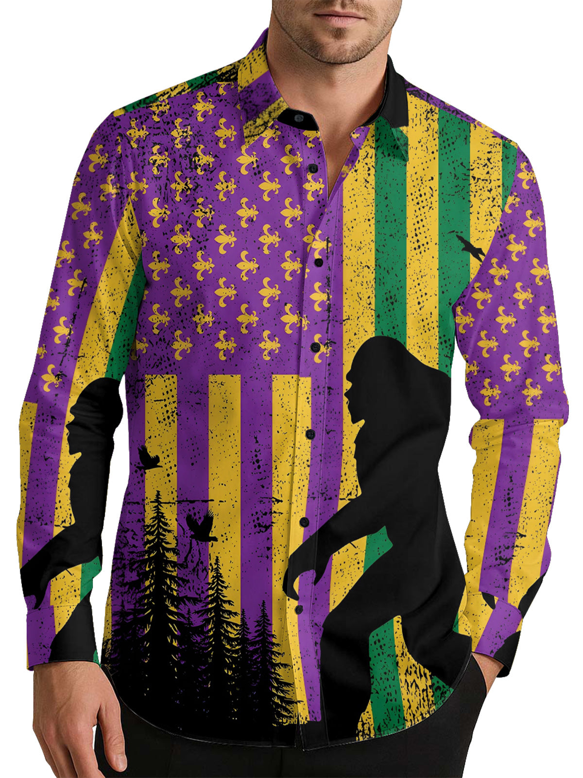 Mardi Gras Flag Bigfoot Men's Shirt Long Sleeve Button Up Shirt