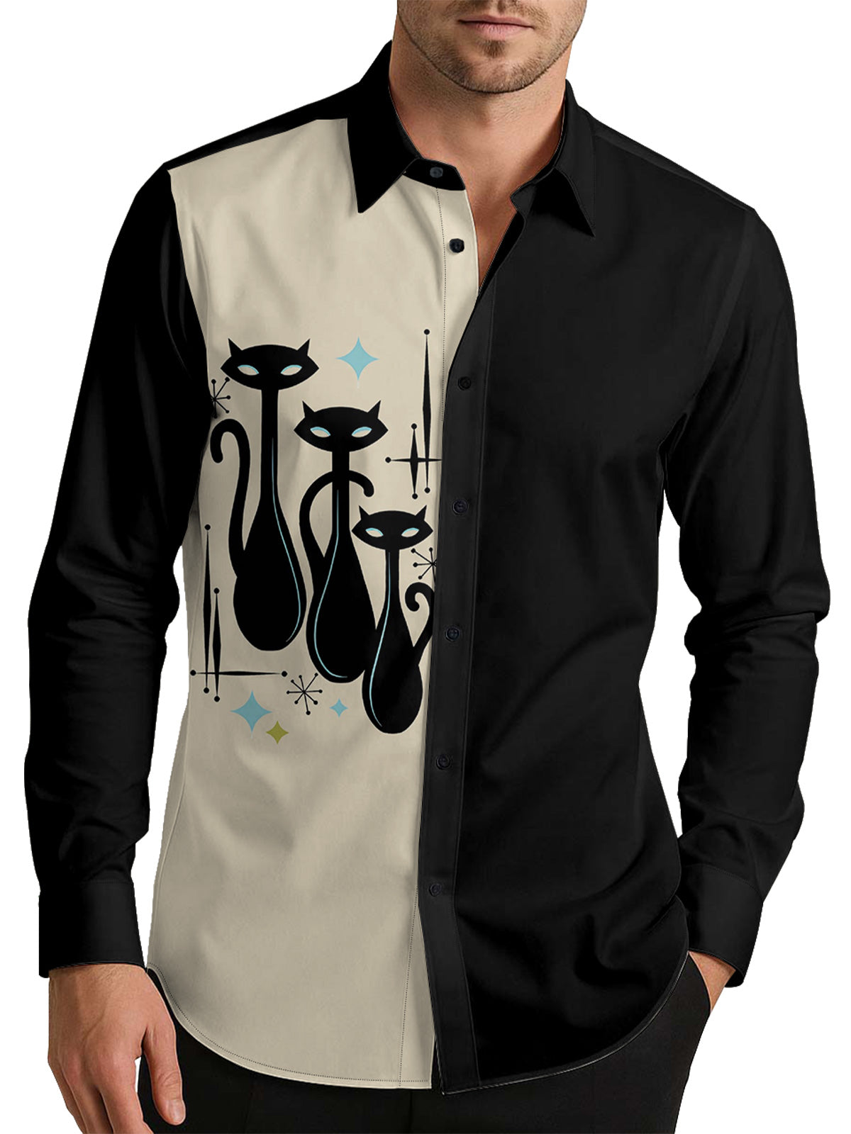 Vintage Cat 1950s Reto Art Men's Shirt Long Sleeve Button Up Shirt