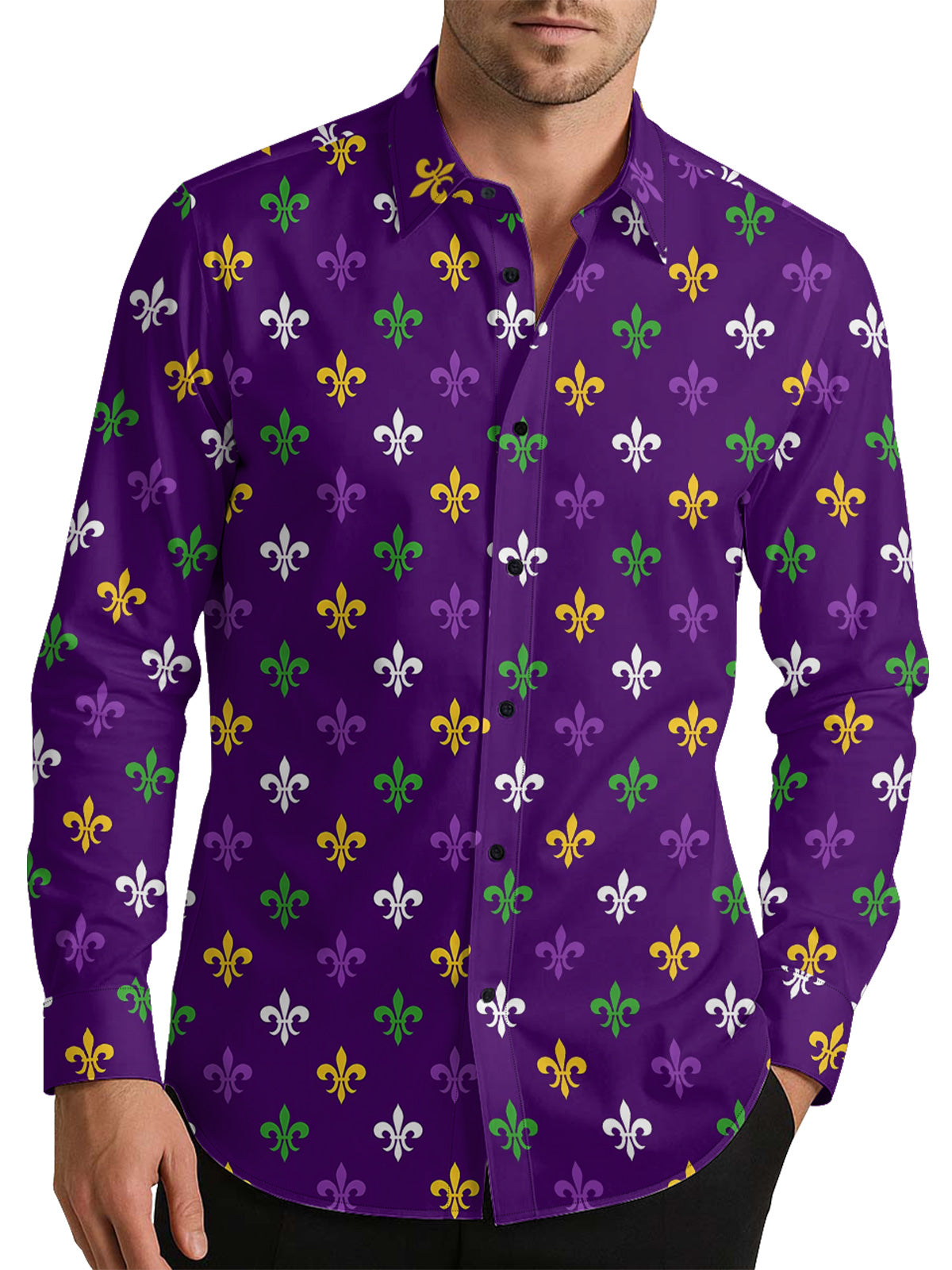 Mardi Gras Iris Art Pattern Men's Shirt Long Sleeve Button Up Shirt