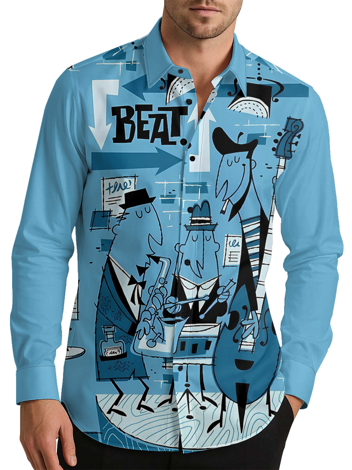 Jazz Band 1950s Retro Art Men's Shirt Long Sleeve Button Up Shirt