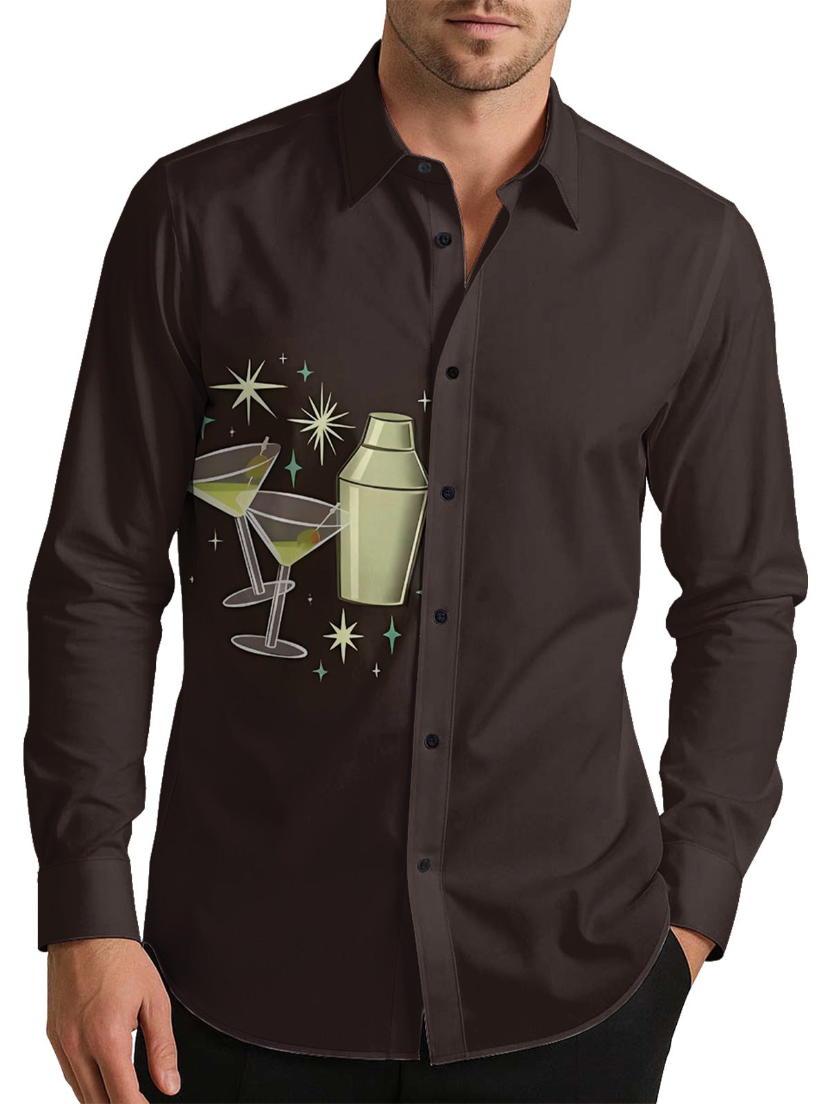 Martini 1950s Retro Art Men's Shirt Long Sleeve Button Up Shirt